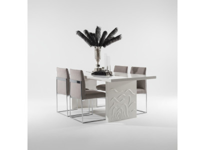 Elegantes weißes Esstisch- und Stuhl-Set aus Holz und Textil