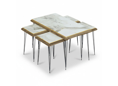 Eleganter weißer Couchtisch mit Beistelltischen aus MDF und Edelstahl