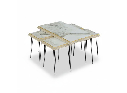 Moderner weißer Couchtisch mit Beistelltischen aus MDF und Edelstahl