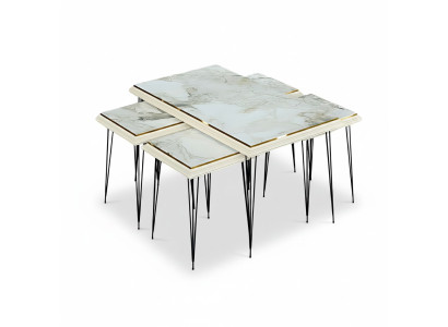 Weißer moderner Couchtisch mit Beistelltischen aus MDF und Edelstahl
