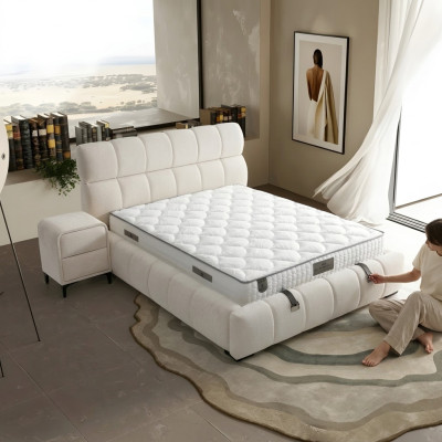 Elegant blue fabric and wooden bed with mattress