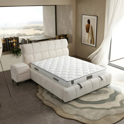 Elegant blue fabric and wooden bed with mattress