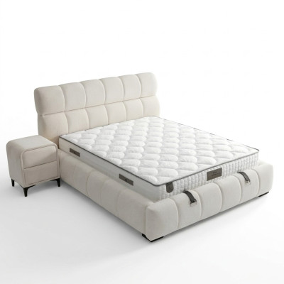 Elegant blue fabric and wooden bed with mattress