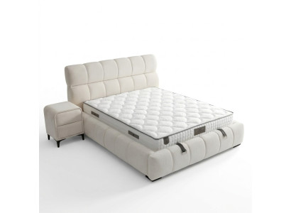 Elegant blue fabric and wooden bed with mattress
