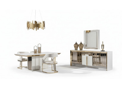 Elegantes Weißes Holz- und Glases Esszimmer Set mit Spiegel