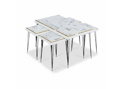 Eleganter weißer Couchtisch mit Beistelltischen aus MDF und Edelstahl