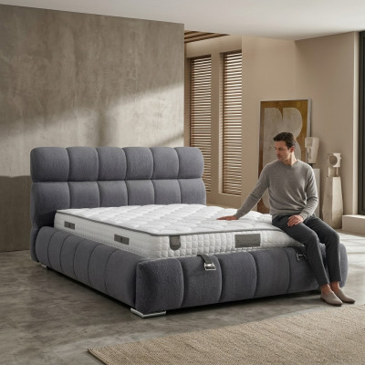 Bed in modern blue fabric and wood with mattress