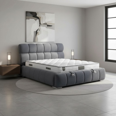 Bed in modern blue fabric and wood with mattress