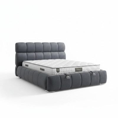 Bed in modern blue fabric and wood with mattress