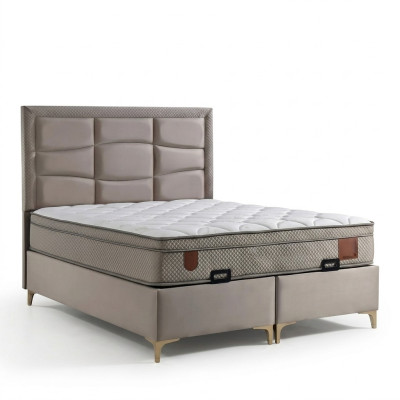 Beige bed with fabric and wood pillow