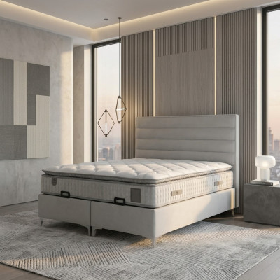 Bed made of modern gray textile with elegant mattress