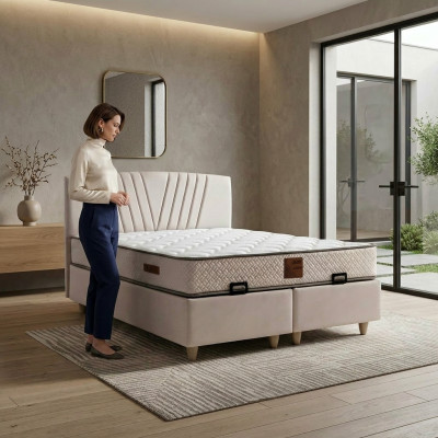 Elegant textile and wood bed