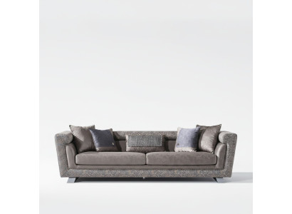 Modernes graues Sofa mit Holz-Textil Bezug und passendem Couchtisch