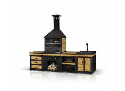 Elegante Außenküche aus Holz und Edelstahl in Schwarz
