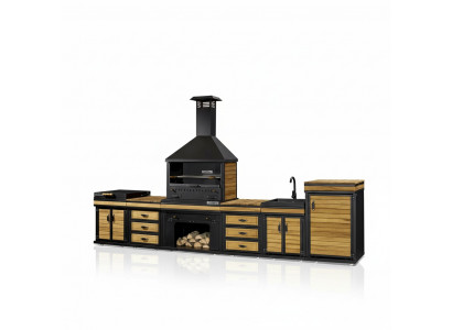 Elegante Außenküche in Schwarz aus Holz und Edelstahl