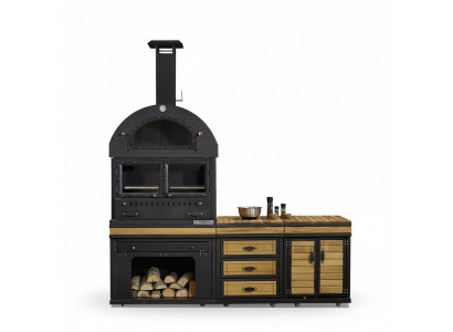 Elegante Außenküche aus Edelstahl und Holz in Schwarz