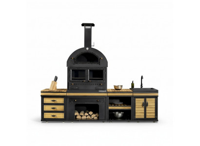 Elegante schwarze Außenküche aus Holz und Edelstahl für Garten