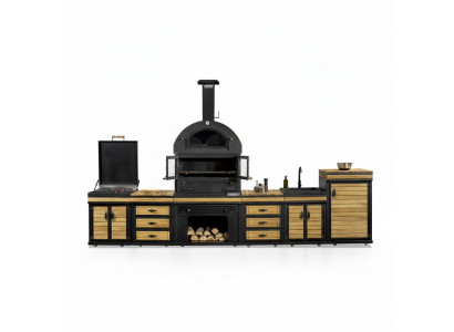 Moderne Außenküche aus Holz und Edelstahl in Schwarz
