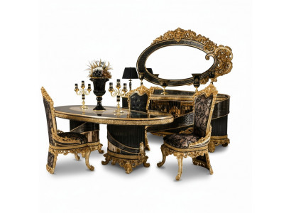 Elegantes 10-tlg. Esszimmer Set aus Holz und Glas in Schwarz-Gold