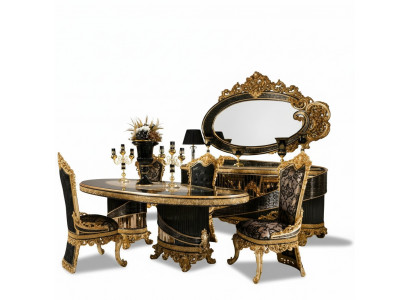 Elegantes 9-tlg. Esszimmer Set Schwarz Holz Glas mit Spiegel