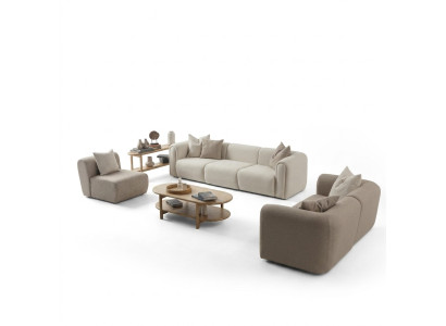 Moderner Wohnzimmer Set aus Textil und Holz in Beige