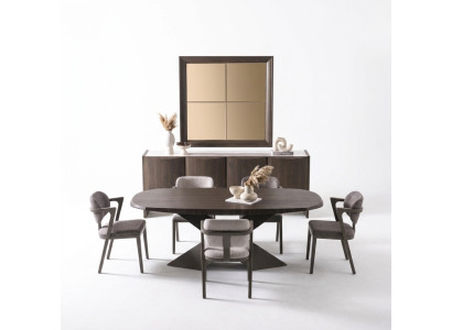 Elegantes braunes Holz Esszimmer Set mit Tisch, Stühlen, Sideboard