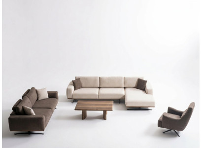 Modernes Wohnzimmer Set aus Holz in Braun mit L-Form, Sofa, Sessel