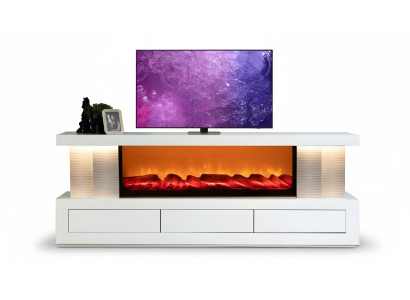 Modernes TV-Lowboard mit integriertem Kamin und Stauraumfächern