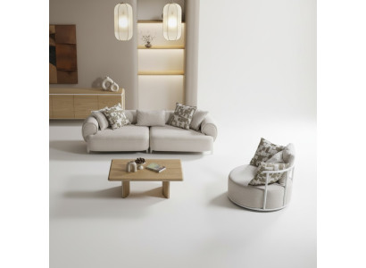 Beige Wohnzimmer Set aus Holz und Textil modern und elegant