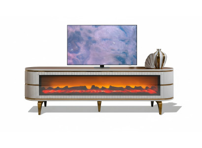 Ovaler TV-Lowboard mit Metallbeinen, beleuchtetem Kamin und Bluetooth