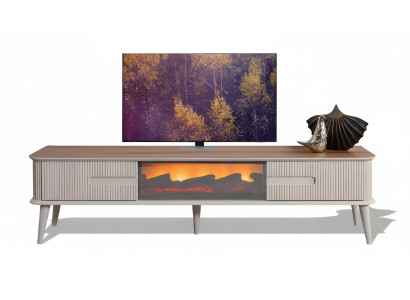 Ein beeindruckender TV-Lowboard mit Kamin, Fernbedienung und Farbwechsel