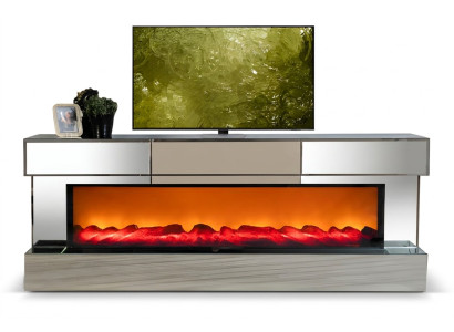 TV-Lowboard aus Spiegelelementen mit Kamineffekt in rechteckiger Form