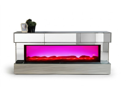 TV-Lowboard in eleganter Hochglanzausführung mit Holzsockel und Kamin