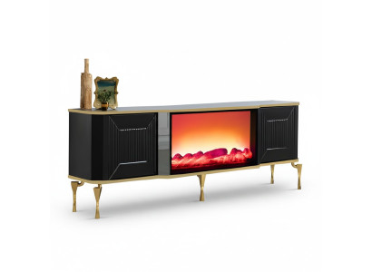 TV-Lowboard mit Kamin mit Farbwechsel, MDF-Fronten und eleganten Metallbeinen