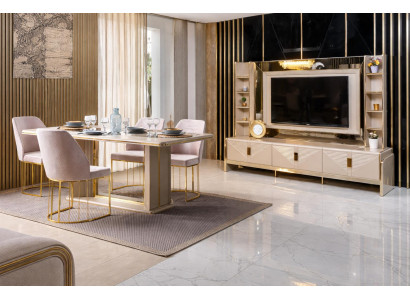 Esszimmer Set Esstisch 4x Stühle TV-Block Beige Moderner Stil Komfortabel