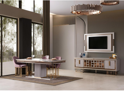 Esszimmer Set Esstisch 4x Stühle TV-Block Grau Moderner Stil Stilvoll