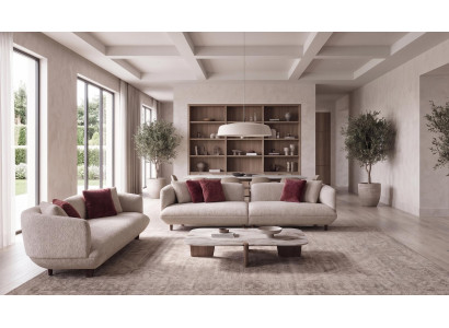 Elegante graue Sofas auf Holzfüßen rote Kissen modern Couch Möbel Polster