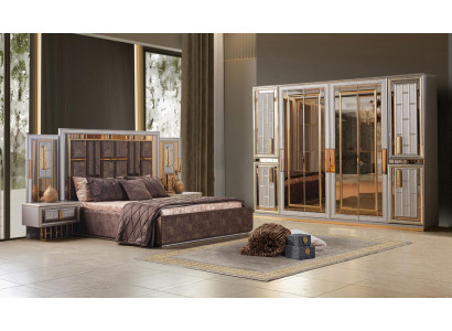 Schlafzimmer Set Bett Kleiderschrank 2x Nachttische Grau Moderner Stil