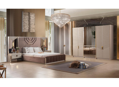 Schlafzimmer Set Bett 2x Nachttische Kleiderschrank Beigе Moderner Stil