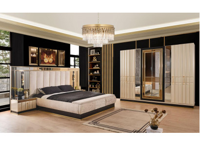 Schlafzimmer Set Bett 2x Nachttische Kleiderschrank Beigе Moderner Stil