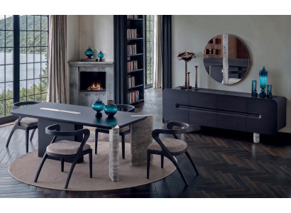 Essgruppe Tisch 4 Stühle Sideboard Spiegel Schwarz Luxus Design