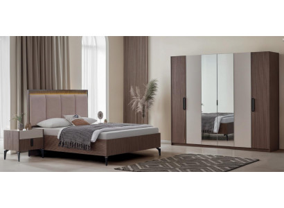 Stylisches Braunes Doppelbett Edler Kleiderschrank 2x Nachtkonsolen