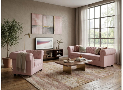 Klassisches hellrosa Wohnzimmer-Set 3+1-Sitzer-Sofas gesteppt Chesterfield