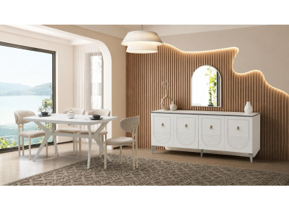 Esszimmer-Set Esstisch 4x Stühle Sideboard Spiegel Modern Weiß