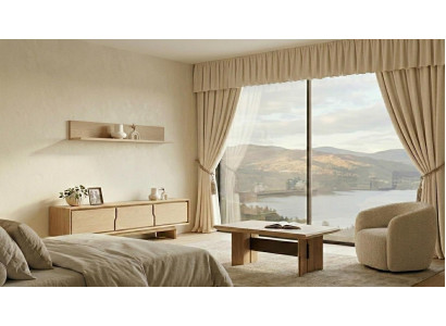 Tisch TV board Wandregal Stil modern beige Wohnzimmer rechteckig geräumig