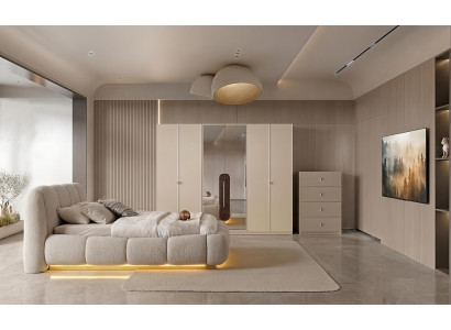 Schlafzimmer Set Bett Kleiderschrank Kommode Beige Modern Design Edel