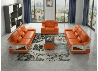 Modern Wohnzimmer Set 2x 3-Sitzer Sofa Sessel Couchtisch Orange Weiß