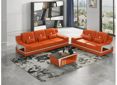 Modern Wohnzimmer Set LED 3-Sitzer 2-Sitzer Sofa Couch Orange Weiß