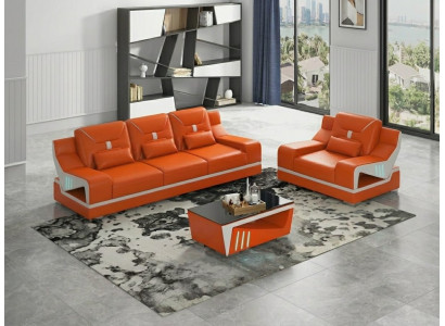 Modern Design Wohnzimmer Set 3-Sitzer Sess Sofael Orange Couch Weiß