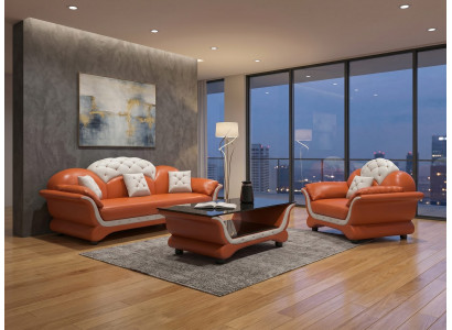 Modern Sofa Set 3-Sitzer Sessel Orange Weiß Wohnzimmer Couch Design